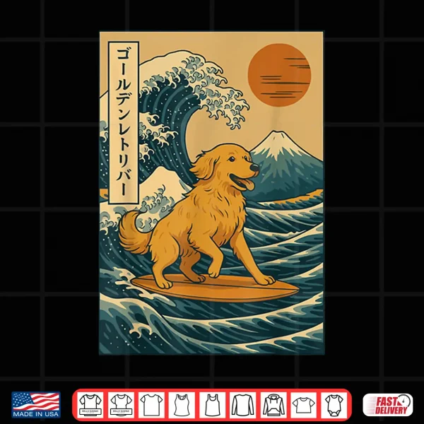 Design Golden Retriever Surfing Japanese Wave Great Wave Shirt
