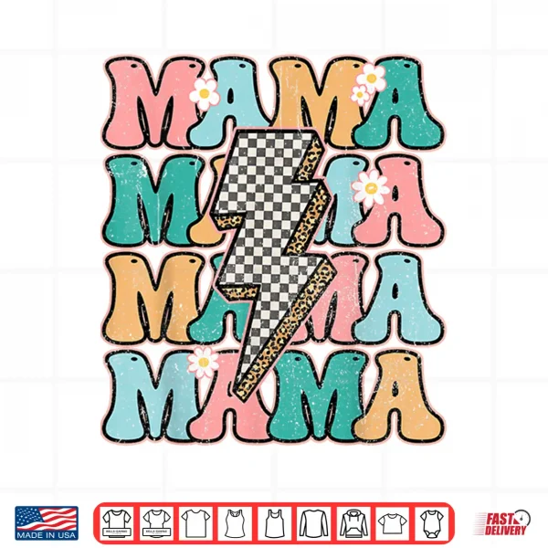 Design Groovy Mama Checkered Leopard Bolt Lightning Flower Mom Life Shirt
