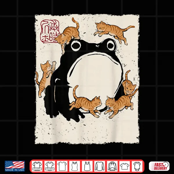 Design Grumpy Frog Funny Cats Playing Cat Mom Anime Japanese Shirt
