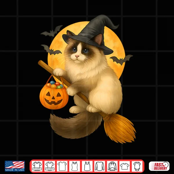 Design Halloween Ragdoll Cat Witch Flying on Broom with Candy Shirt