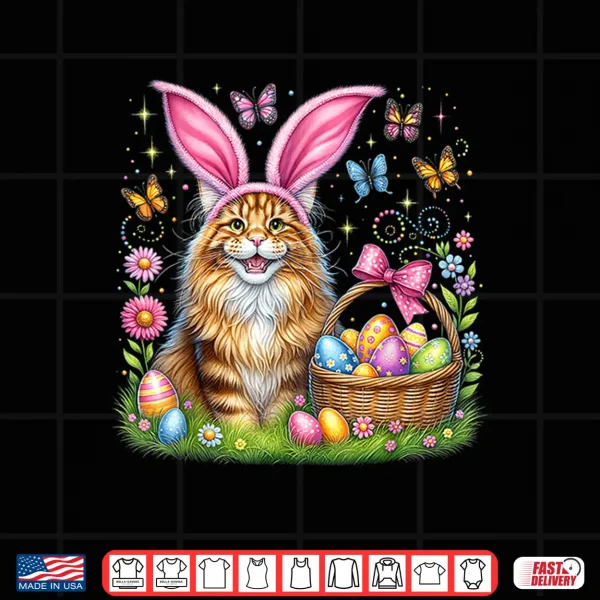 Design Happy Easter Cute Bunny Maine Coon Cat Easter Eggs Basket Shirt