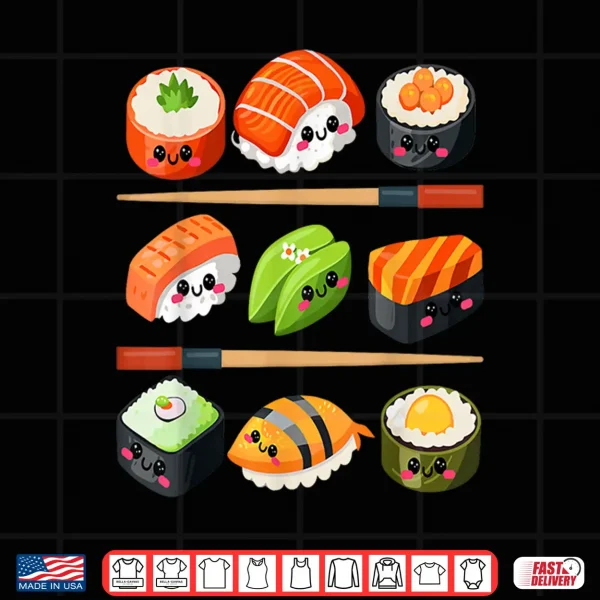 Design Happy Sushi Anime Kawaii Set Japanese Food Lover Otaku Manga Shirt