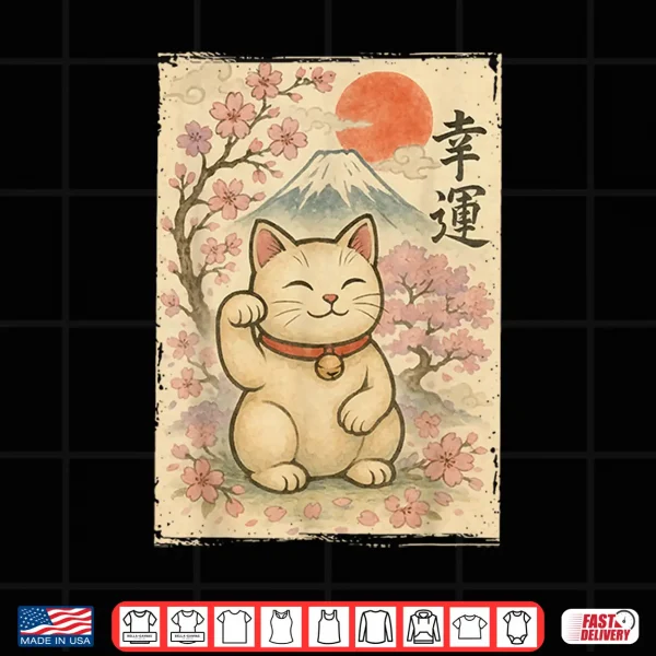 Design Japanese Anime Maneki Neko Waving Cat Good Luck Kanji Lucky Shirt