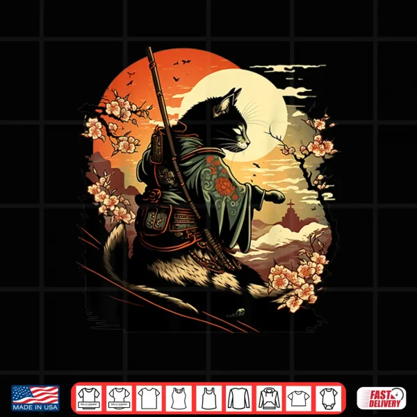 Design Japanese Art Cat Ninja Ukiyo e Anime Style Samurai Cat Shirt 2