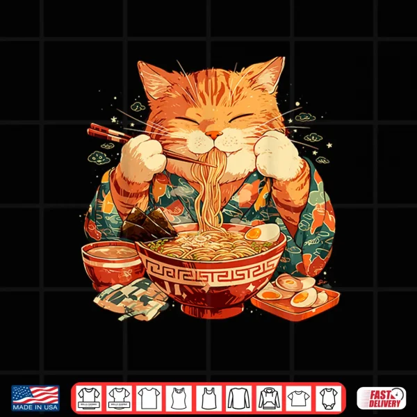 Design Japanese Art Ramen Cat Ninja Ukiyo e Anime Style Samurai Cat Shirt