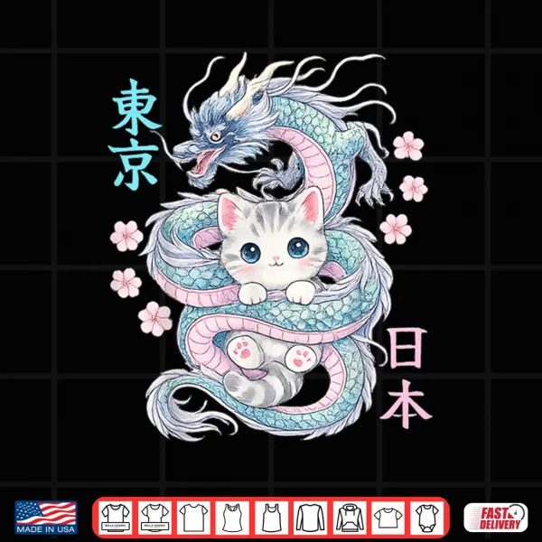 Design Japanese Dragon Kawaii Kitten Cute Cat Pastel Anime Lover Shirt