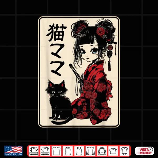 Design Japanese Gothic Kawaii Anime Samurai Cat Mom Woman Girls Shirt