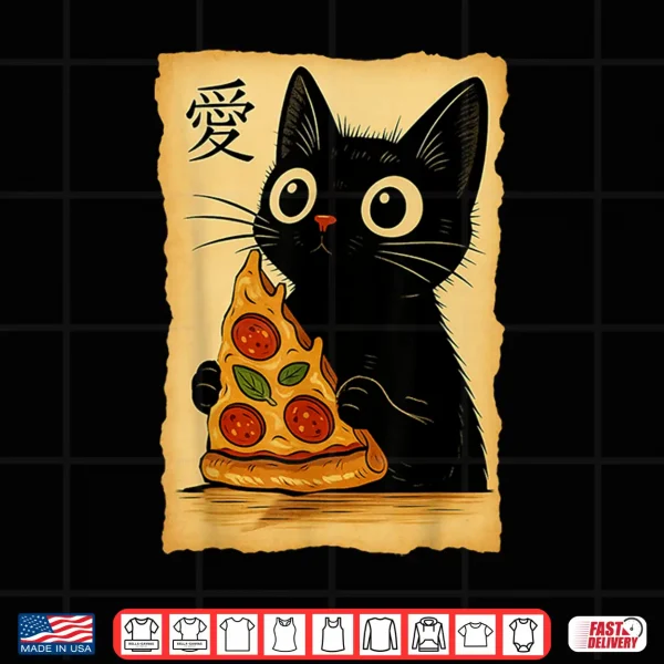 Design Japanese Kawaii Anime Cat Pizza Aesthetic Cat Eating Pizza Shirt