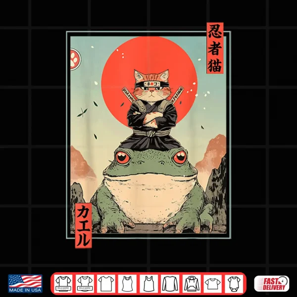 Design Japanese Ninja Cat and Frog Retro Anime Style Graphic Shirt