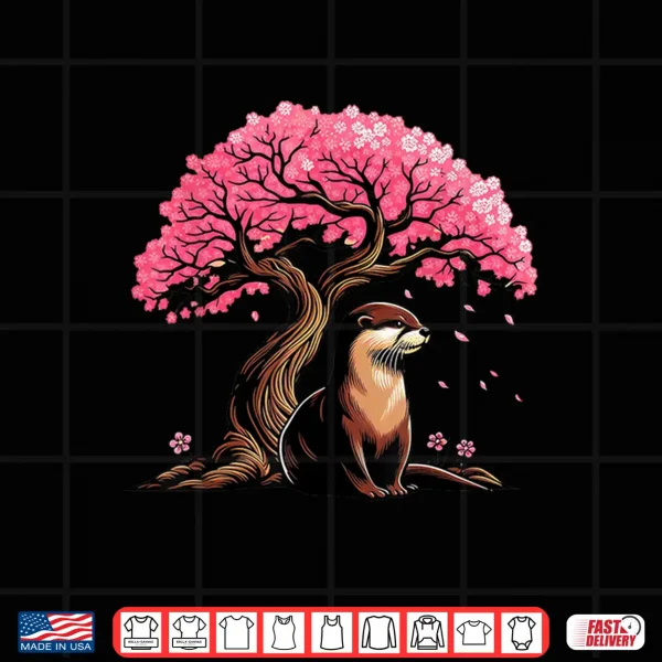 Design Japanese Otter Cherry Blossoms Kawaii Sakura Art Shirt