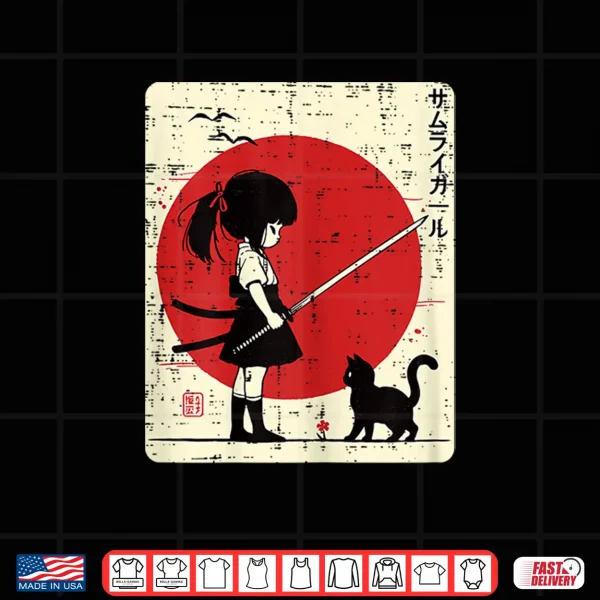 Design Japanese Samurai Girl Black Cat Kawaii Anime Girls Kid Women Shirt