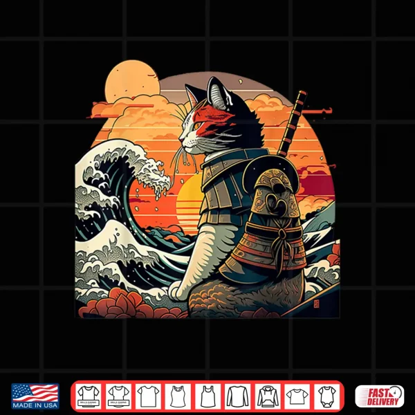 Design Japanese retro samurai cat The Great Wave by Hokusai Shirt