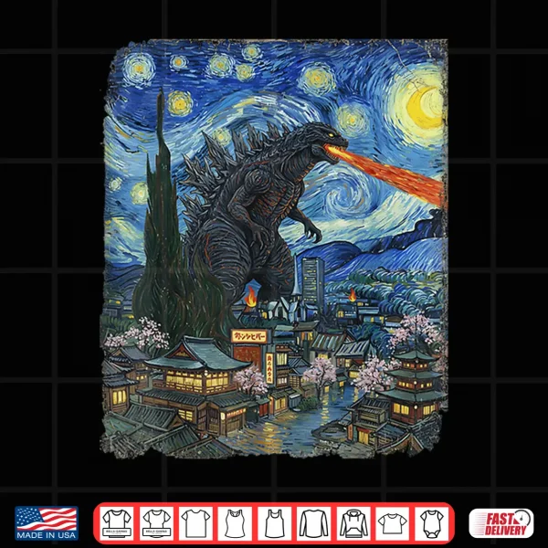 Design Kaiju Monster Japanese Vangogh starrynight Vintage Shirt