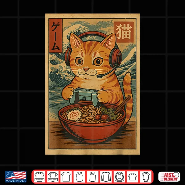 Design Kawaii Anime Gamer Cat Ramen Retro Japanese Gaming Funny Shirt