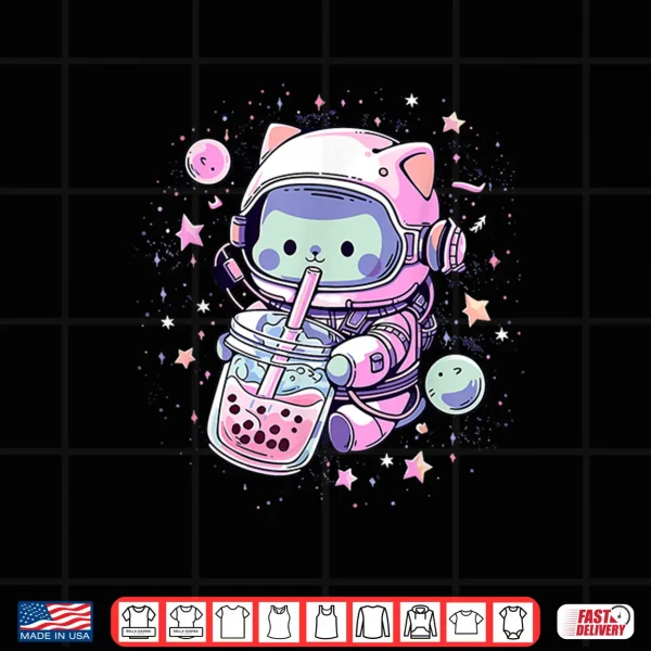 Design Kawaii Cat Bubble Boba Tea In Space Astronaut Anime Girls Shirt