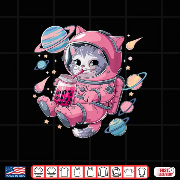 Design Kawaii Cat Bubble Boba Tea Space Astronaut Anime Girls Shirt