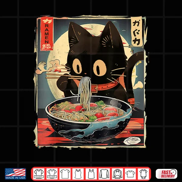 Design Kawaii Cat Eating Ramen Noodles Anime Gift Girls Teens Shirt