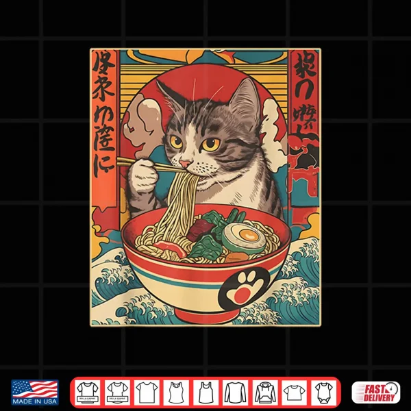 Design Kawaii Cat Eating Ramen Noodles Funny Anime Gift Girls Teens Shirt 2