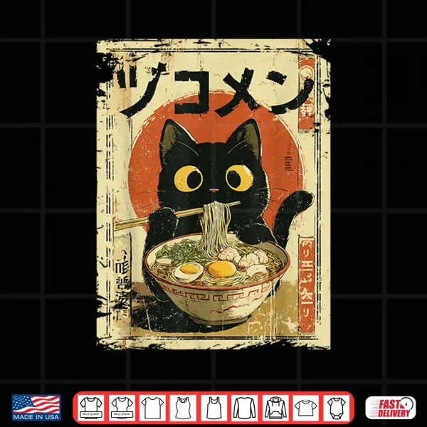 Design Kawaii Cat Eating Ramen Noodles Funny vintage Japanese Anime Shirt