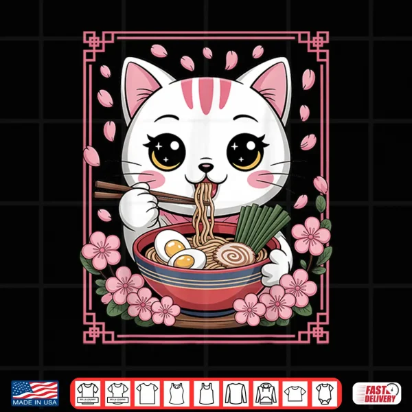 Design Kawaii Cat Eating Ramen Noodles Japanese Anime Girls Teens Shirt