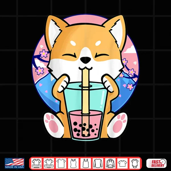 Design Kawaii Corgi Dog Bubble Tea Boba Anime Neko Japanese Kids Shirt 2