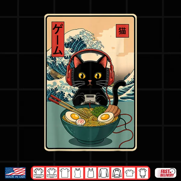 Design Kawaii Gamer Cat Ramen Retro Japanese Funny Cat Gaming Shirt