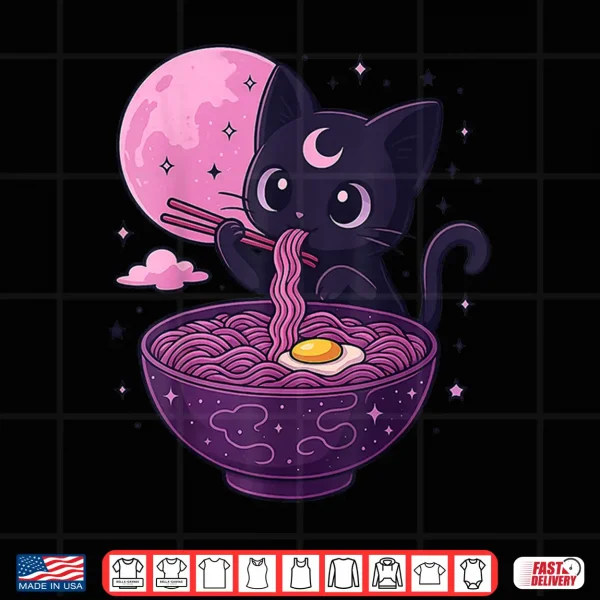 Design Kawaii Pastel Goth Cat Eating Ramen Under Moon Japanese Shirt
