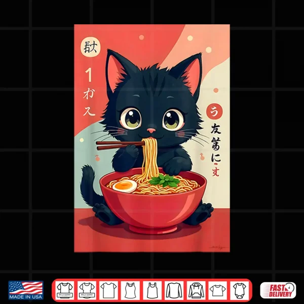 Design Kitten Eating Japanese Noodles Anime Manga Baby Cat Ramen Shirt