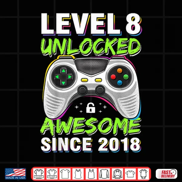 Design Level 8 Unlocked Awesome Since 2018 8th Birthday Gaming Boys Shirt