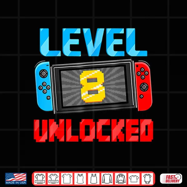 Design Level 8 Unlocked Gamer 8th Birthday Gift Video Game Boys Shirt