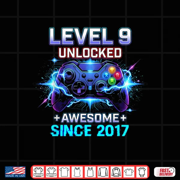 Design Level 9 Unlocked Awesome Since 2017 9th Birthday Boy Gamer Shirt