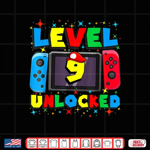 Design Level 9 Unlocked Gamer 9th Birthday Gift Video Game Boys Shirt