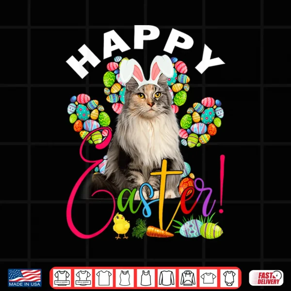 Design Maine Coon Cat Bunny Ears Easter Eggs Cat Paw Easter Day Shirt