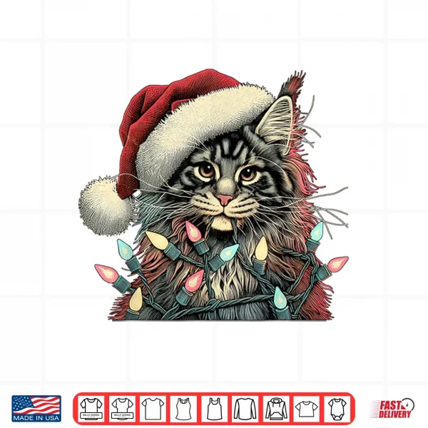 Design Maine Coon Cat Chew Christmas Light Xmas Holiday Funny Cute Shirt