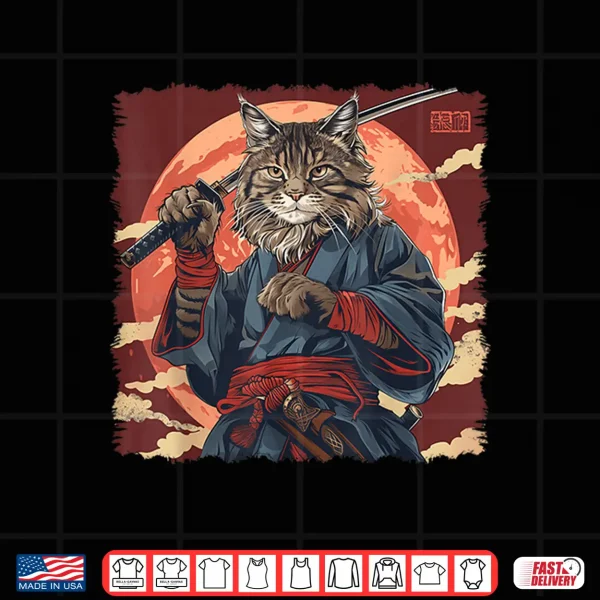 Design Maine Coon Cat Japanese Art Samurai Ukiyo e Shirt
