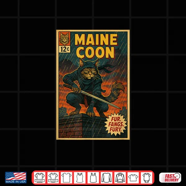 Design Maine Coon Cat Ninja Comic Book Cover Style Cool Shirt