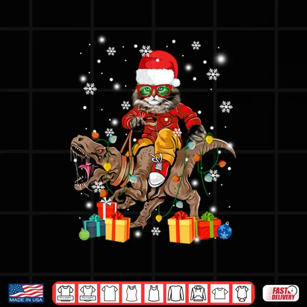 Design Maine Coon Cat Riding T rex Funny Christmas Dino Cat Lovers Shirt