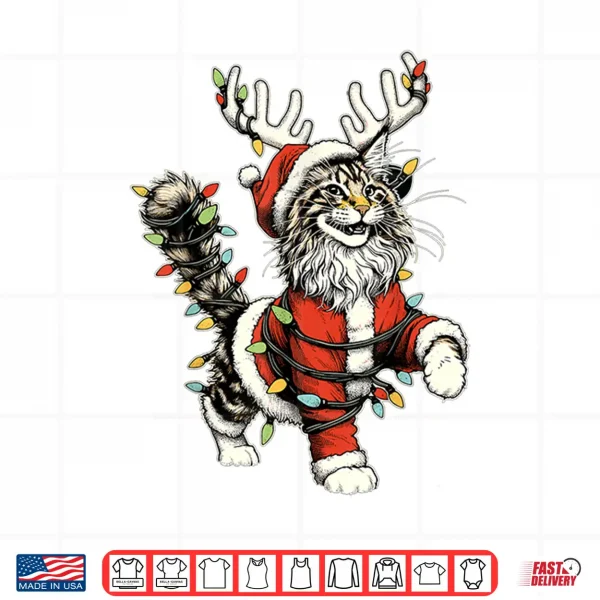 Design Maine Coon Cat Santa Hat Christmas Tree Light Pajamas Mom Shirt