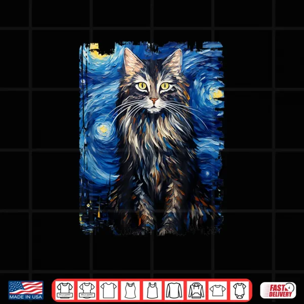 Design Maine Coon Cat Starry Night Painting Mom Dad Shirt