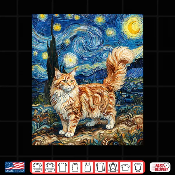 Design Maine Coon Cat Starry Night Van Gogh Inspired Cat Maine Coon Shirt