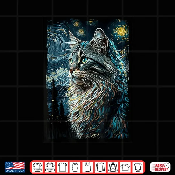 Design Maine Coon Cat Van Goghs Starry Night Cat Lover Cat Mom Dad Shirt