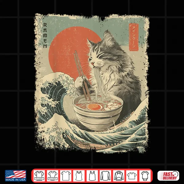 Design Maine Coon Cat Vintage Ramen Japanese Noodles Shirt