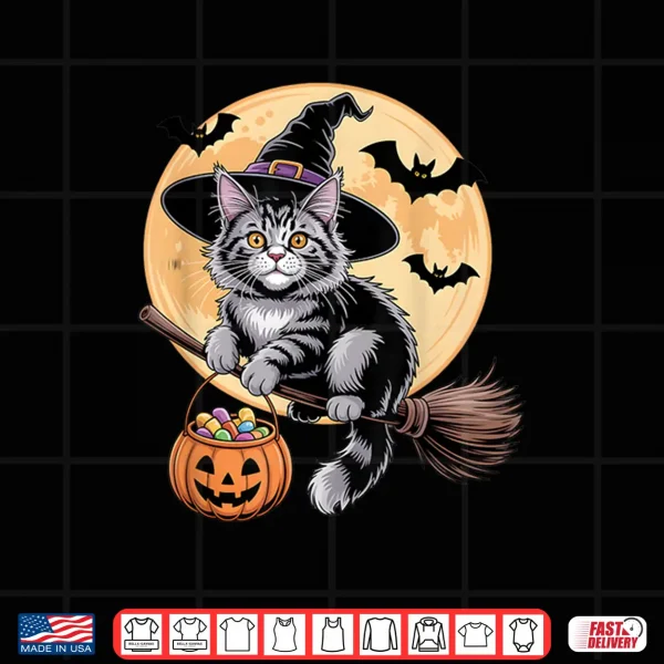 Design Maine Coon Cat Witch Hat Pumpkin Halloween Costume Men Women Shirt