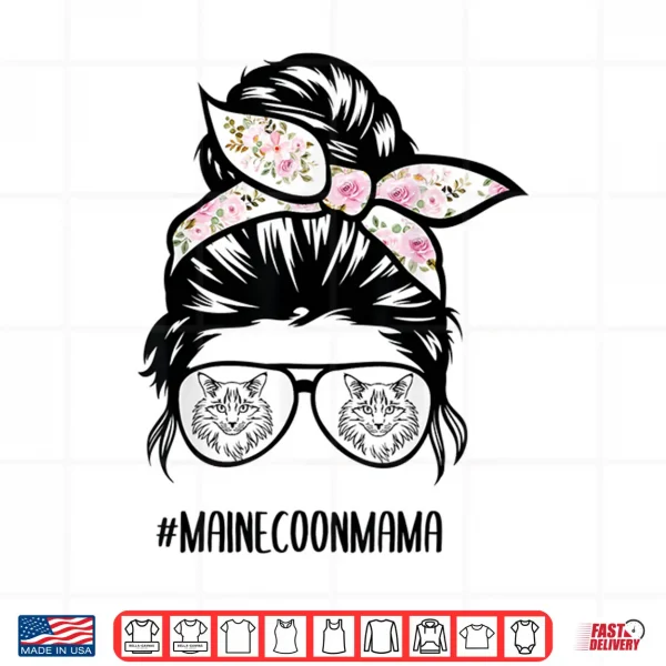 Design Maine Coon Cat mom messy bun hair glasses Shirt