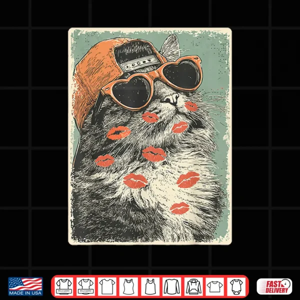 Design Maine Coon Cat with Hearts Sunglasses Kisses Valentines Day Shirt