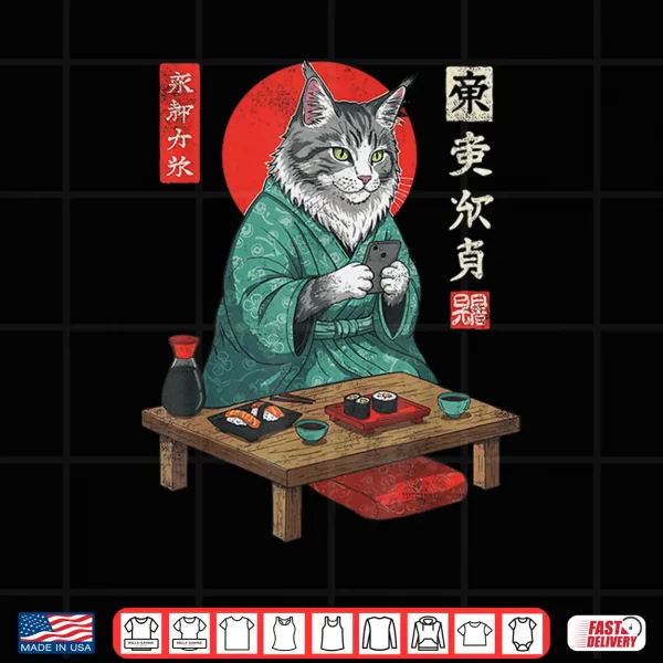 Design Maine Coon Sushi Cat in Kimono and Smartphone Japanese Art Shirt