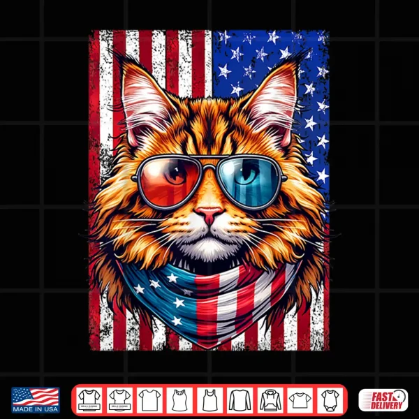 Design Maine Coon Wearing USA Flag Cat Lover Patriotic 4th of July Shirt