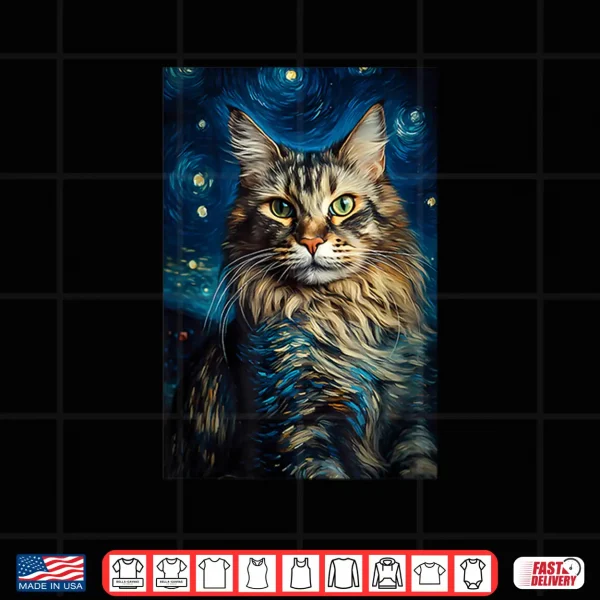 Design Maine Coon cat painting kitten Van Gogh art Starry Night sky Shirt