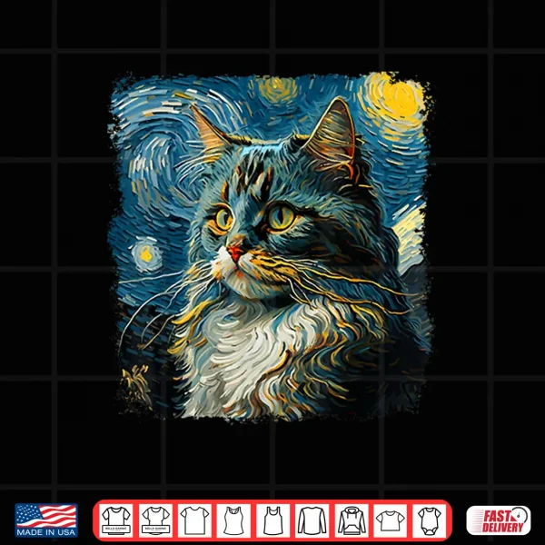 Design Maine coon Cat Art Van Gogh Inspired Starry Night Cat Design Shirt