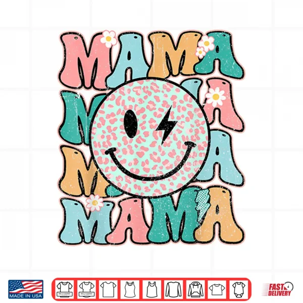 Design Mama Leopard Smile Bolt Lightning Checkered Groovy Mom Life Shirt